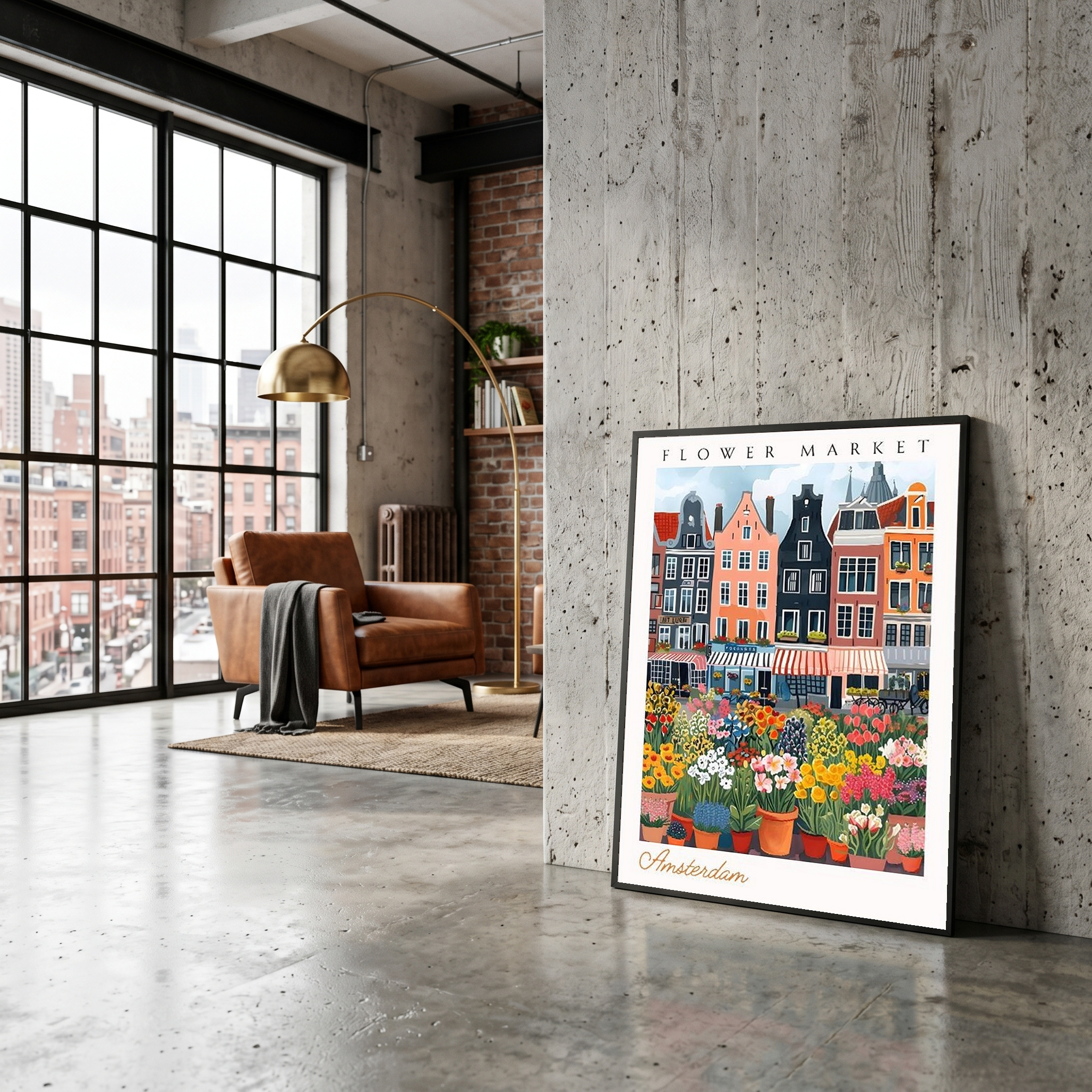 Amsterdam Flower Market Print — Canal Houses Tulip Cityscape Art