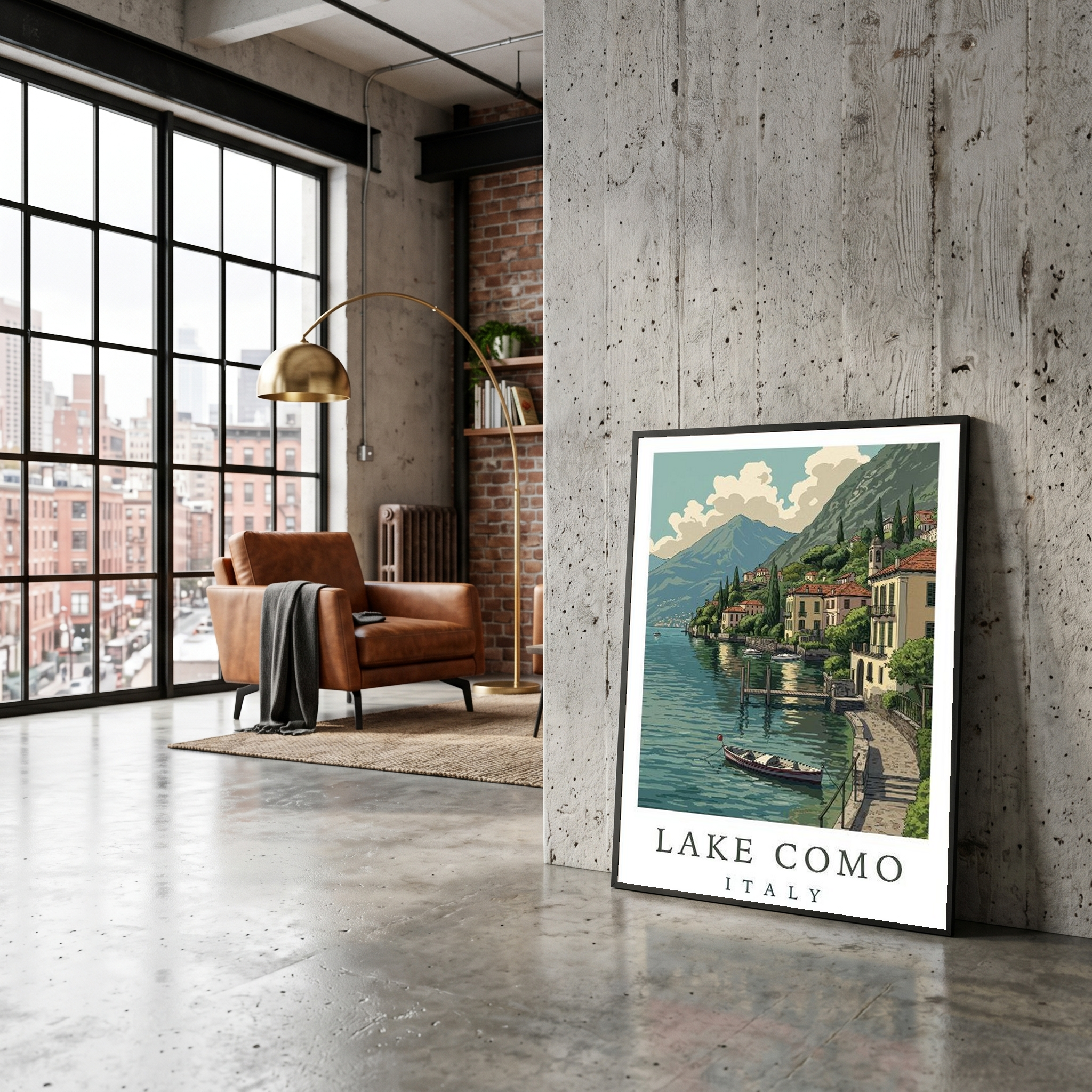 Lake Como Italy Travel Poster — Lakeside Village Boat Landscape Print