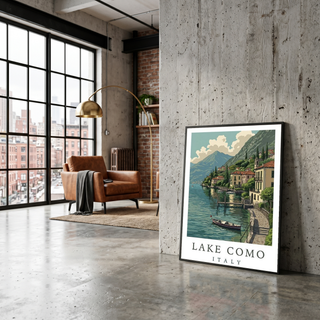 Lake Como Italy Travel Poster — Lakeside Village Boat Landscape Print