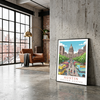 Austin Texas Travel Poster — State Capitol Food Truck Congress Print