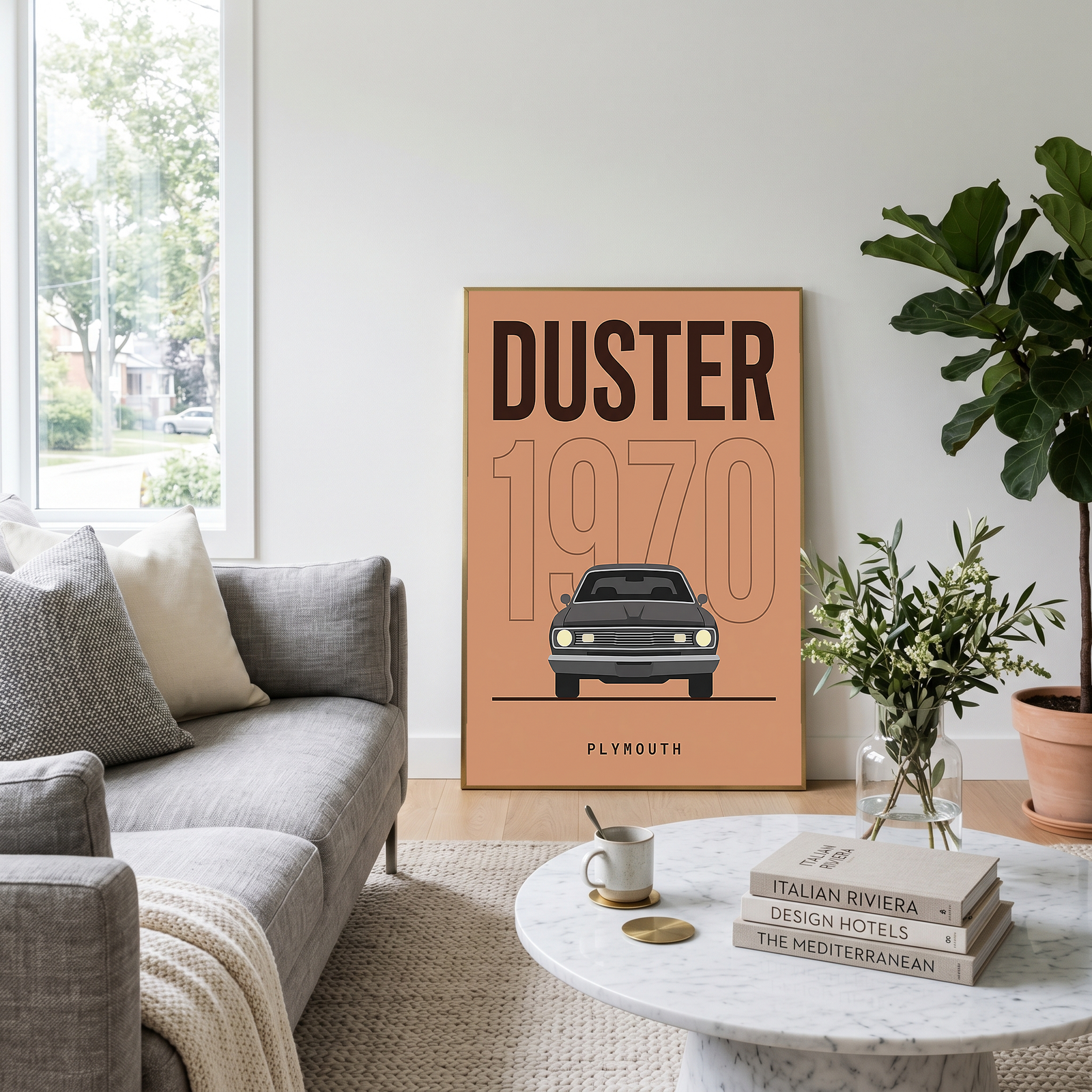 Plymouth Duster 1970 Minimalist Poster — Terracotta Muscle Car Line Art