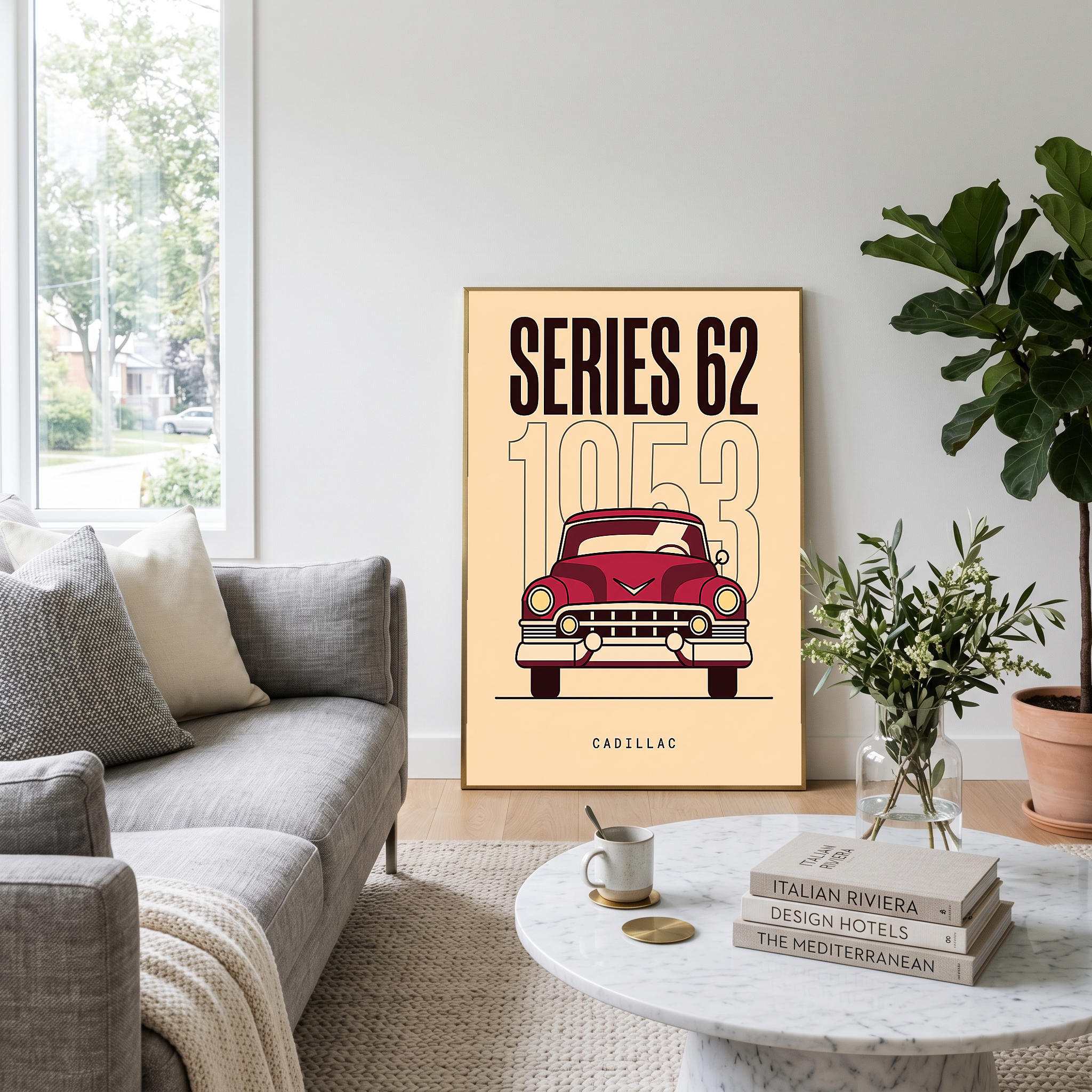 Cadillac Series 62 1953 Minimalist Poster — Cream Classic Car Line Art