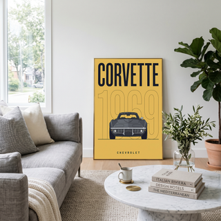 Chevrolet Corvette 1969 V2 Yellow Minimalist Poster — Muscle Car Line Art