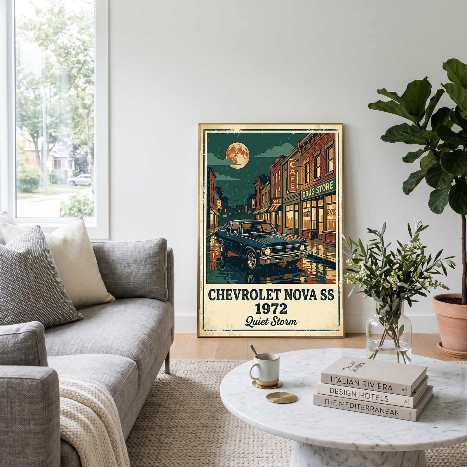 Chevrolet Nova SS 1972 Poster — Vintage Muscle Car Rainy Night Street Print