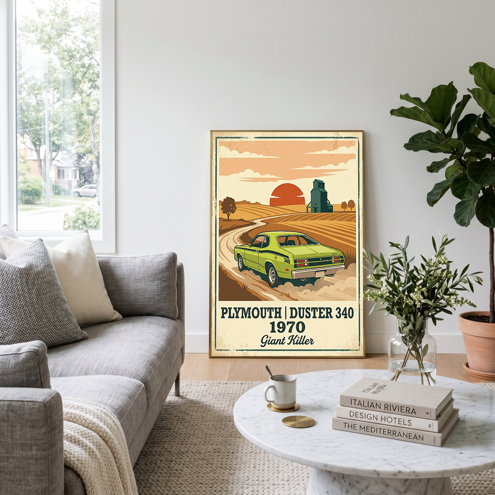Plymouth Duster 340 1970 Poster — Vintage Muscle Car Country Wheat Print