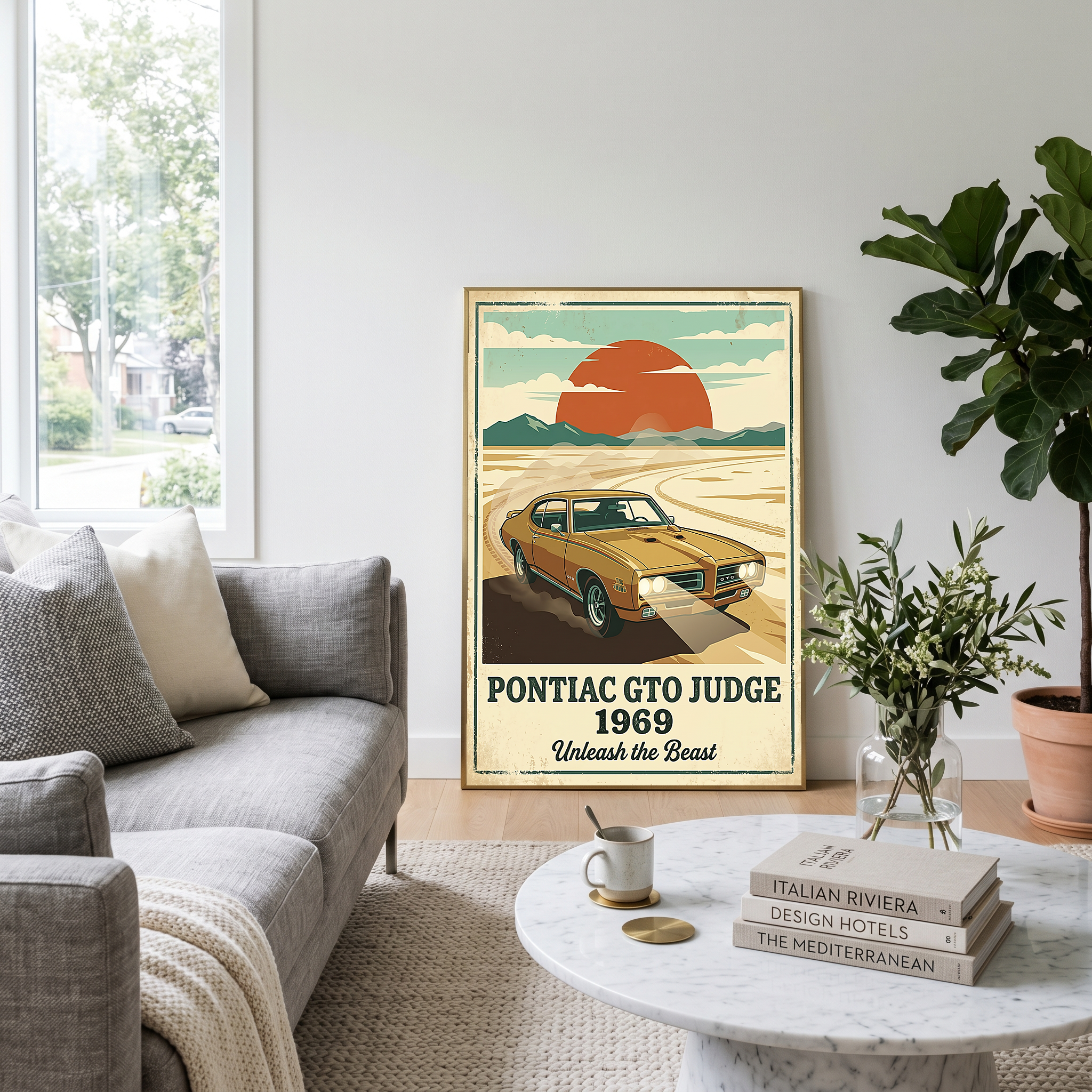 Pontiac GTO Judge 1969 V2 Poster — Vintage Muscle Car Desert Sunset Print
