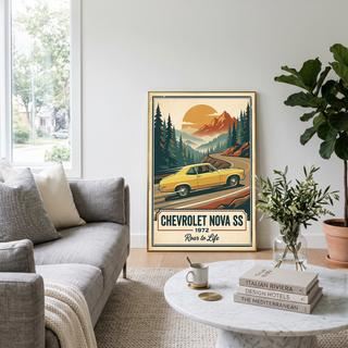 Chevrolet Nova SS 1972 V2 Poster — Vintage Muscle Mountain Pine Winding Road Print