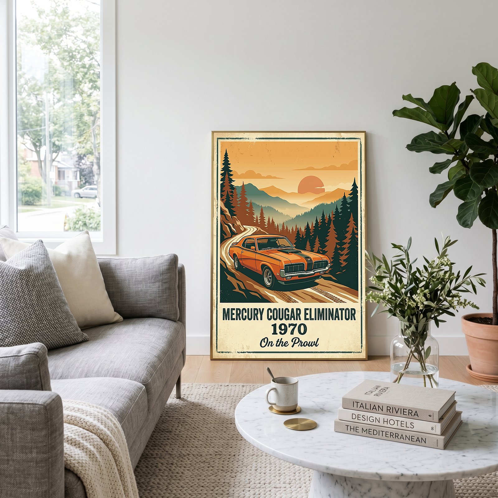 Mercury Cougar Eliminator 1970 V2 Poster — Vintage Muscle Car Pine Forest Sunset