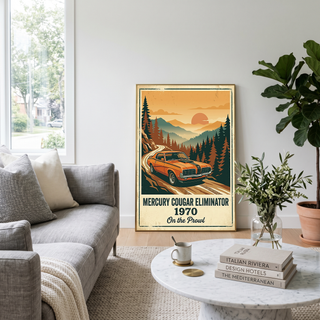 Mercury Cougar Eliminator 1970 V2 Poster — Vintage Muscle Car Pine Forest Sunset