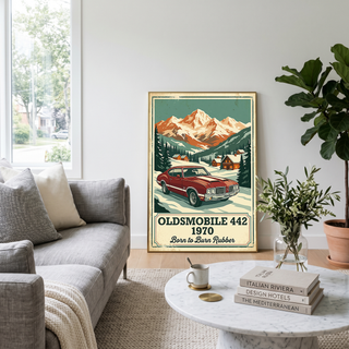 Oldsmobile 442 1970 V2 Poster — Vintage Muscle Winter Alpine Village Print