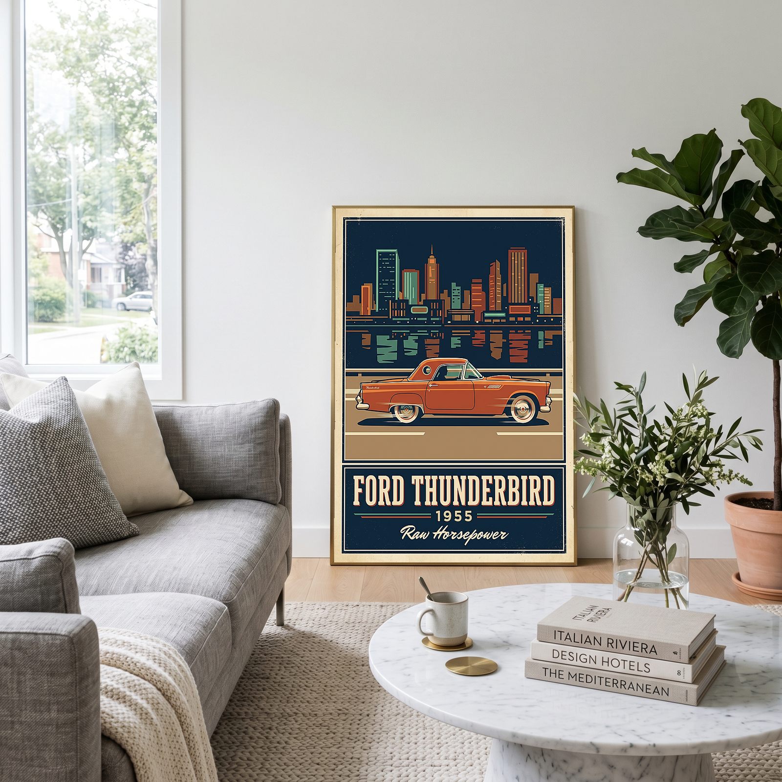 Ford Thunderbird 1955 Poster — Vintage Two-Seater Convertible City Skyline Print
