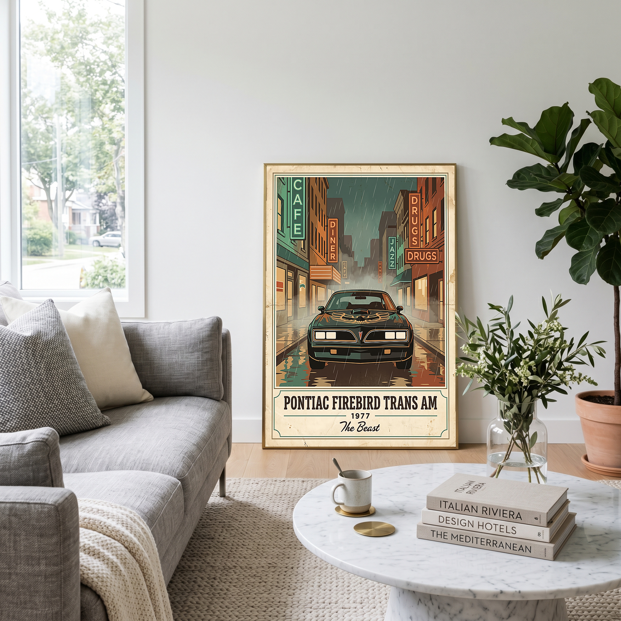 Pontiac Firebird Trans Am 1977 Poster — Vintage Muscle Bandit Rainy Noir Street Print