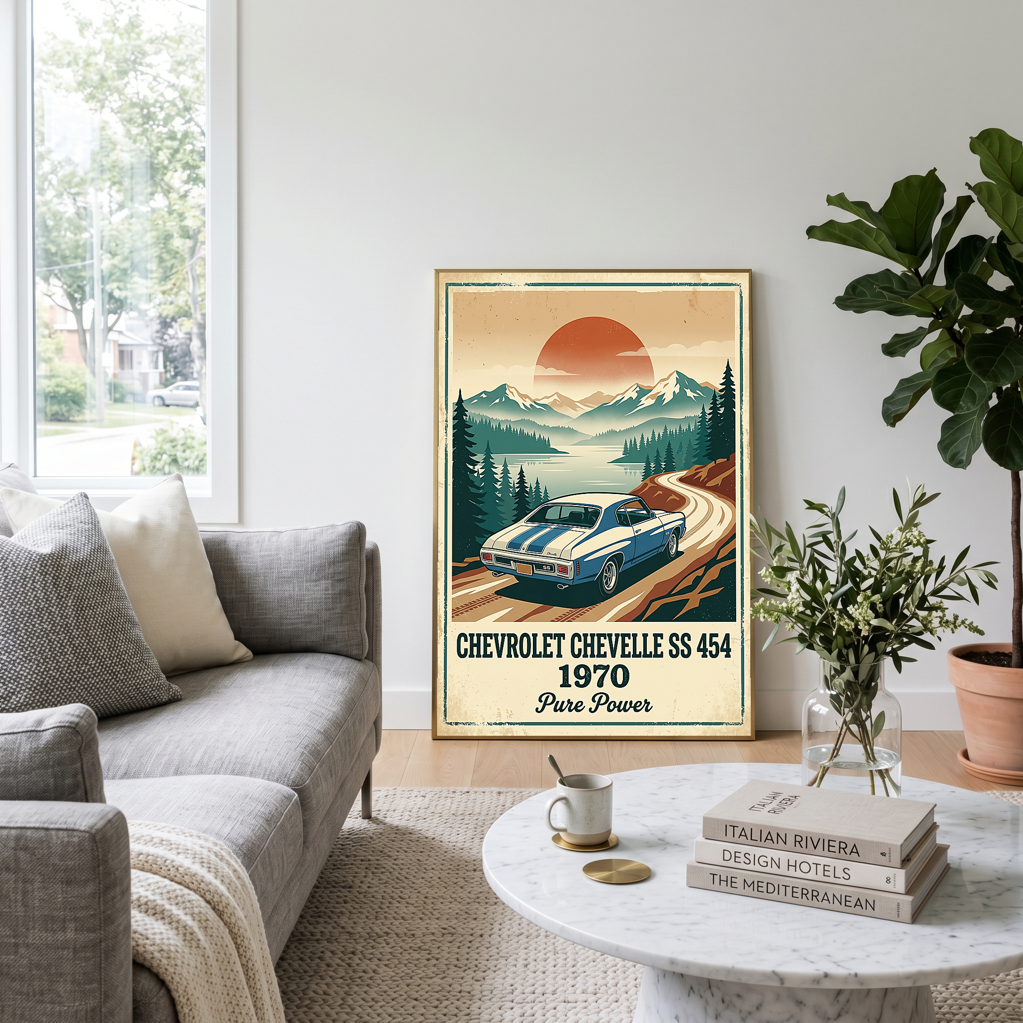 Chevrolet Chevelle SS 454 1970 Sky Blue Poster — Vintage Muscle Car Mountain Lake Print