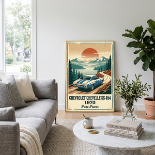 Chevrolet Chevelle SS 454 1970 Sky Blue Poster — Vintage Muscle Car Mountain Lake Print