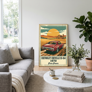 Chevrolet Chevelle SS 454 1970 V3 Poster — Vintage Muscle Car Wheat Field Barn Print