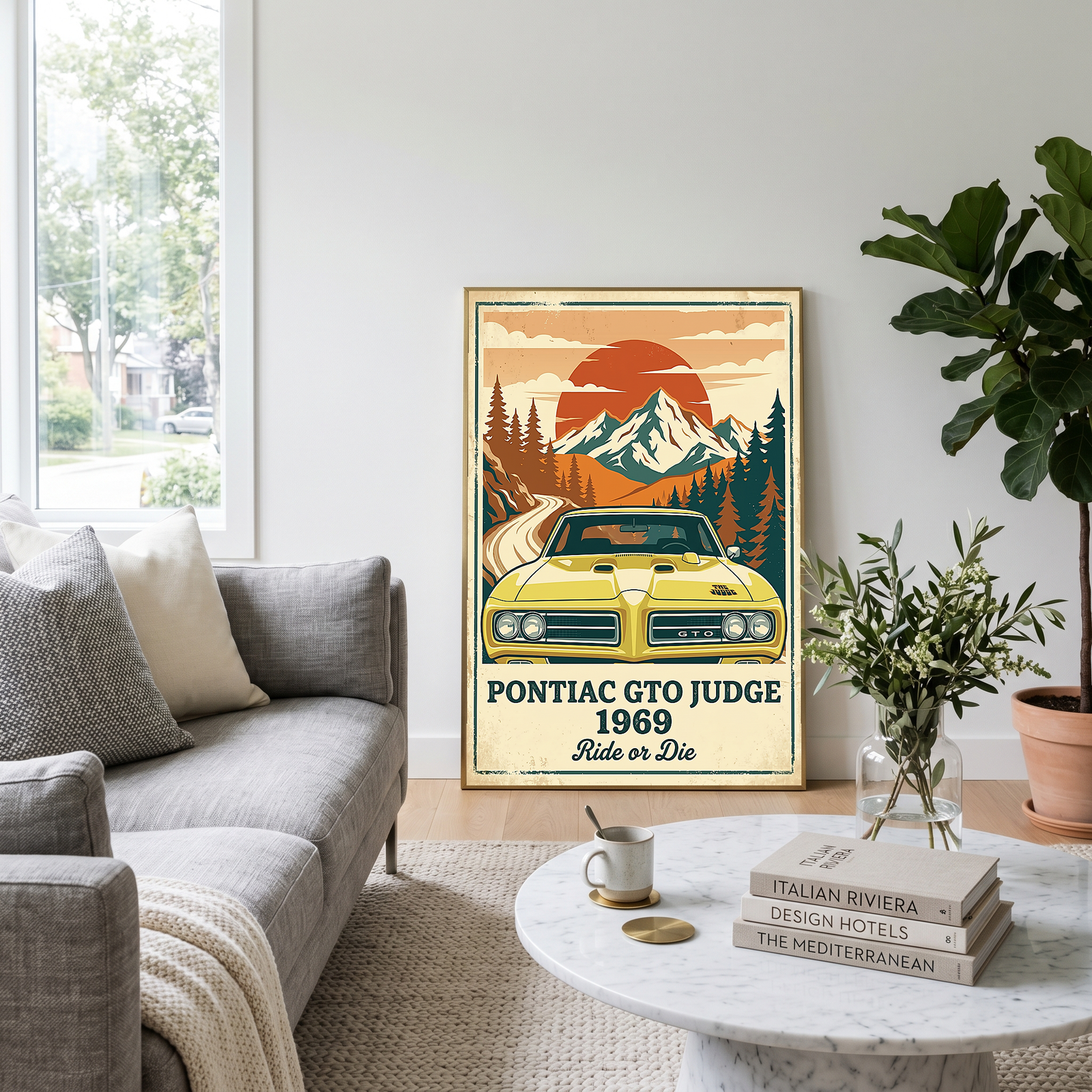 Pontiac GTO Judge 1969 Poster — Vintage Muscle Car Mountain Sunset Print