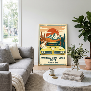 Pontiac GTO Judge 1969 Poster — Vintage Muscle Car Mountain Sunset Print