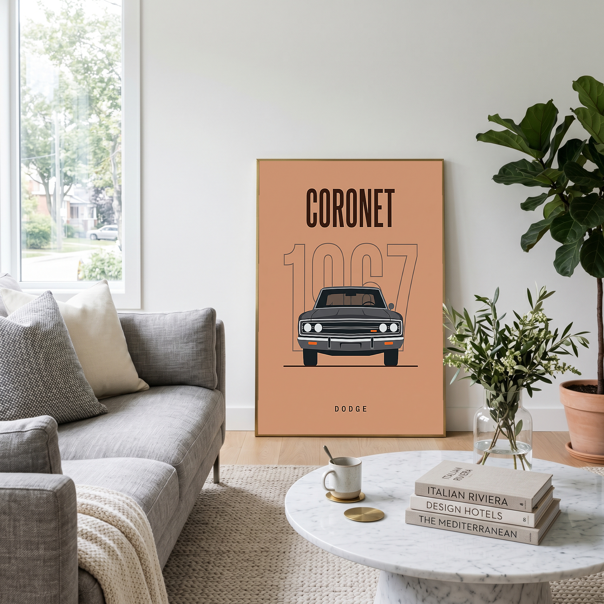 Dodge Coronet 1967 Minimalist Poster — Peach Muscle Car Line Art
