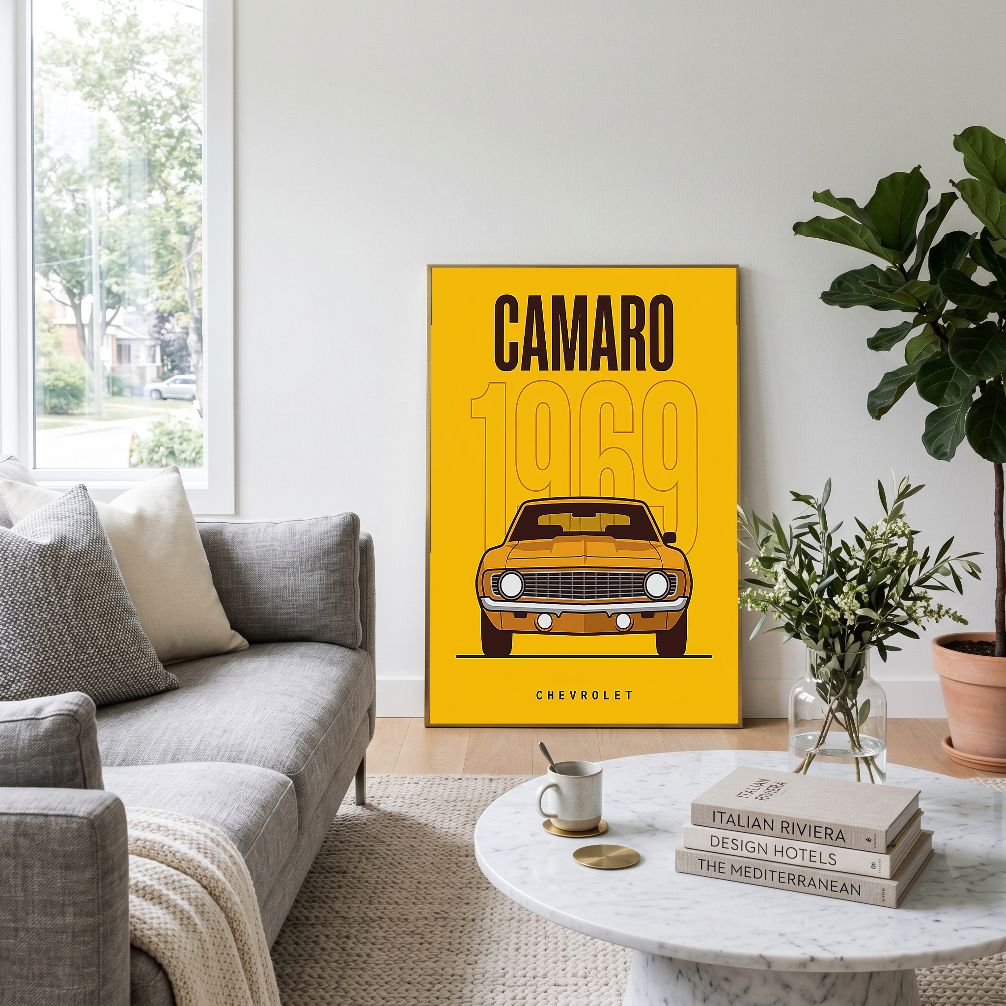 Chevrolet Camaro 1969 V2 Yellow Minimalist Poster — Muscle Car Line Art