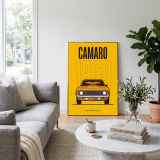 Chevrolet Camaro 1969 V2 Yellow Minimalist Poster — Muscle Car Line Art