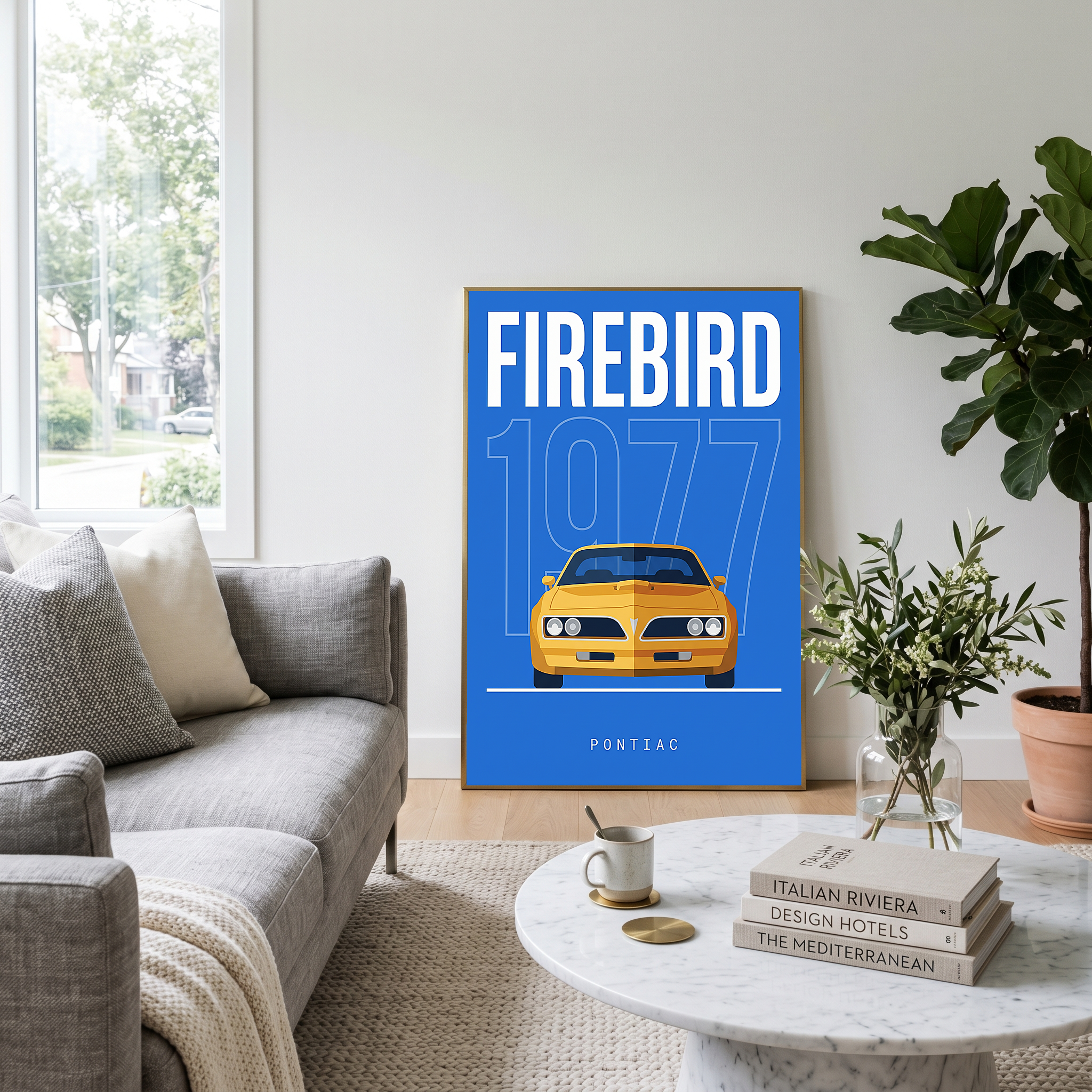 Pontiac Firebird 1977 Minimalist Poster — Blue Muscle Car Line Art