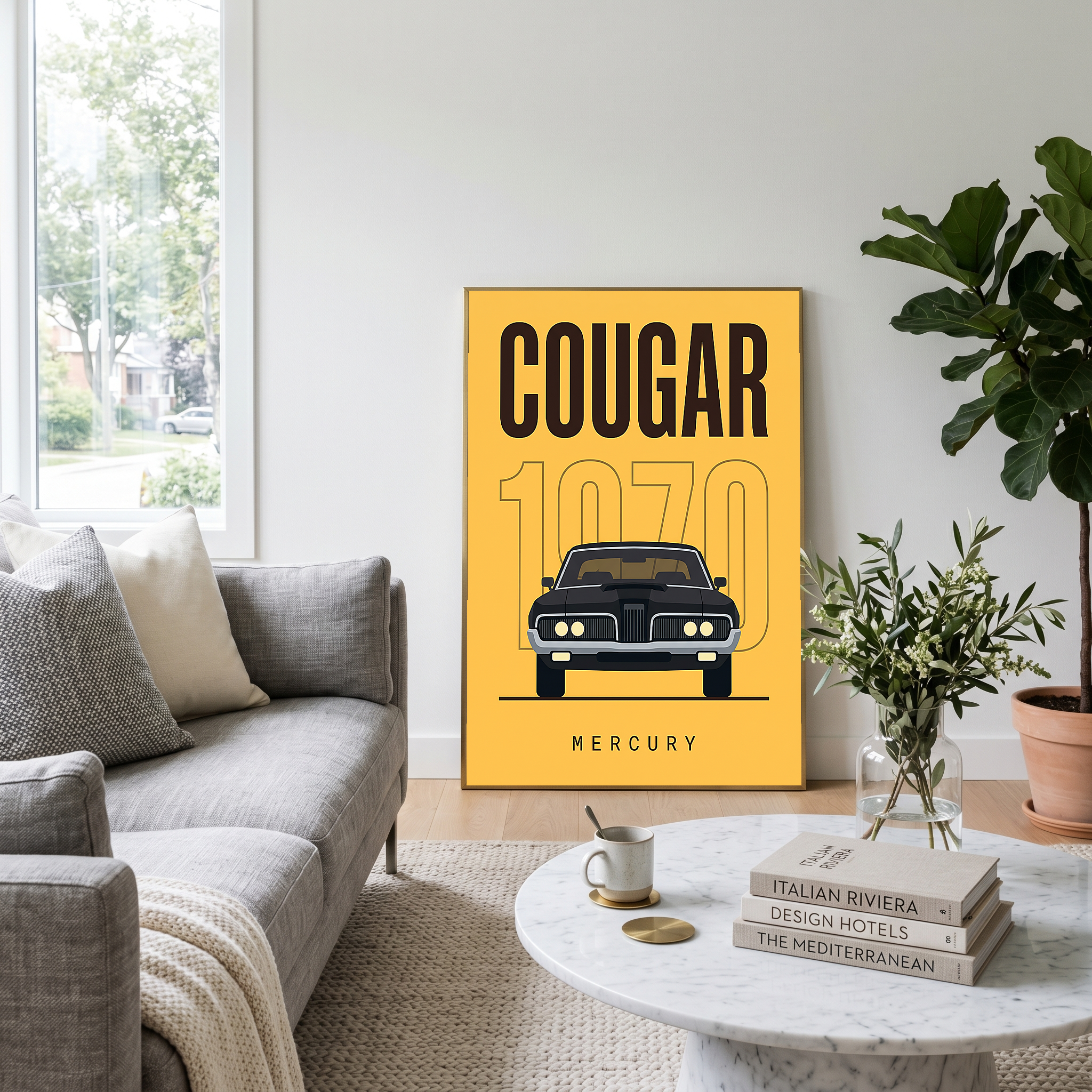 Mercury Cougar 1970 Minimalist Poster — Golden Yellow Muscle Car Line Art