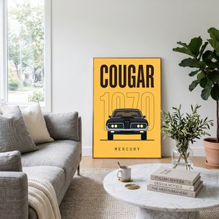 Mercury Cougar 1970 Minimalist Poster — Golden Yellow Muscle Car Line Art