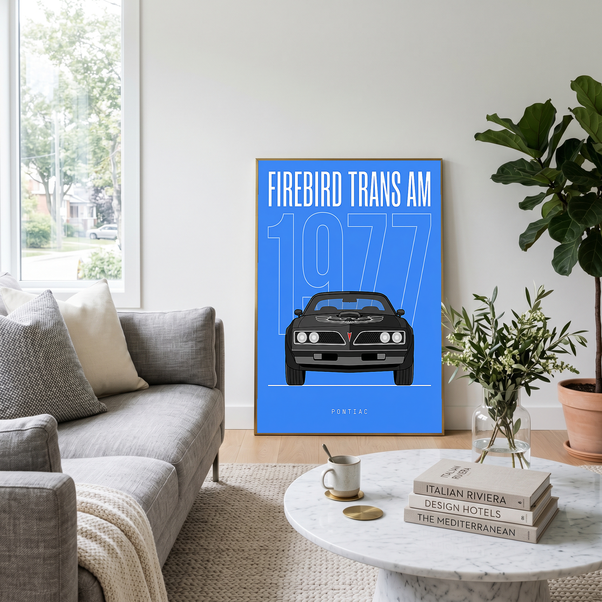 Pontiac Firebird Trans Am 1977 V2 Royal Blue Minimalist Poster — Bandit Muscle Line Art