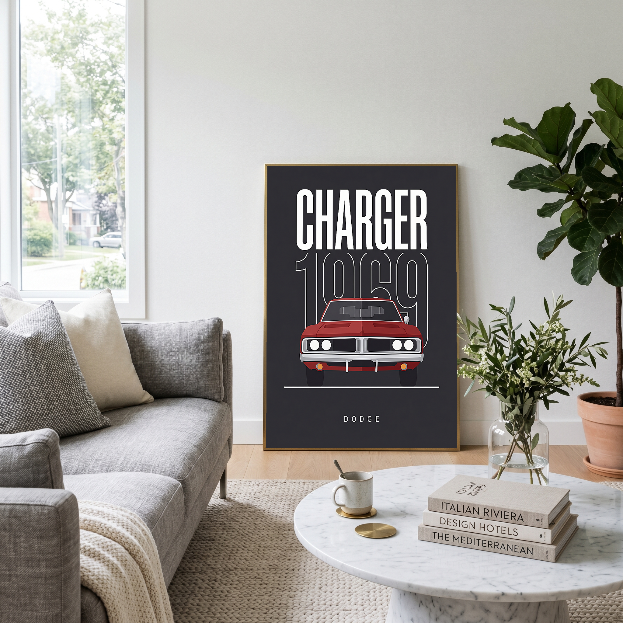 Dodge Charger 1969 V2 Charcoal Minimalist Poster — Muscle Car Line Art
