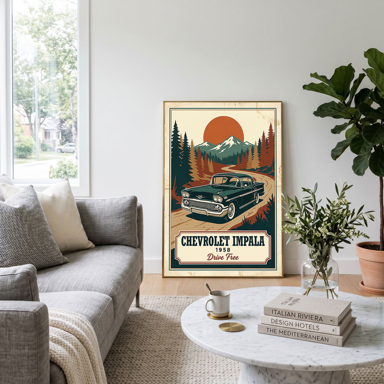 Chevrolet Impala 1958 Poster — Vintage Muscle Mountain Pine Sunset Print