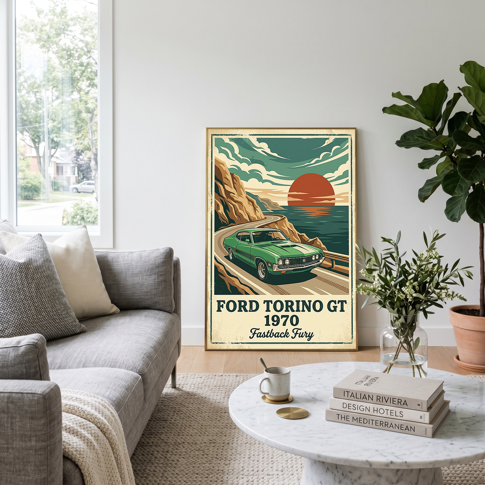 Ford Torino GT 1970 Poster — Vintage Muscle Car Coastal Cliff Sunset Print