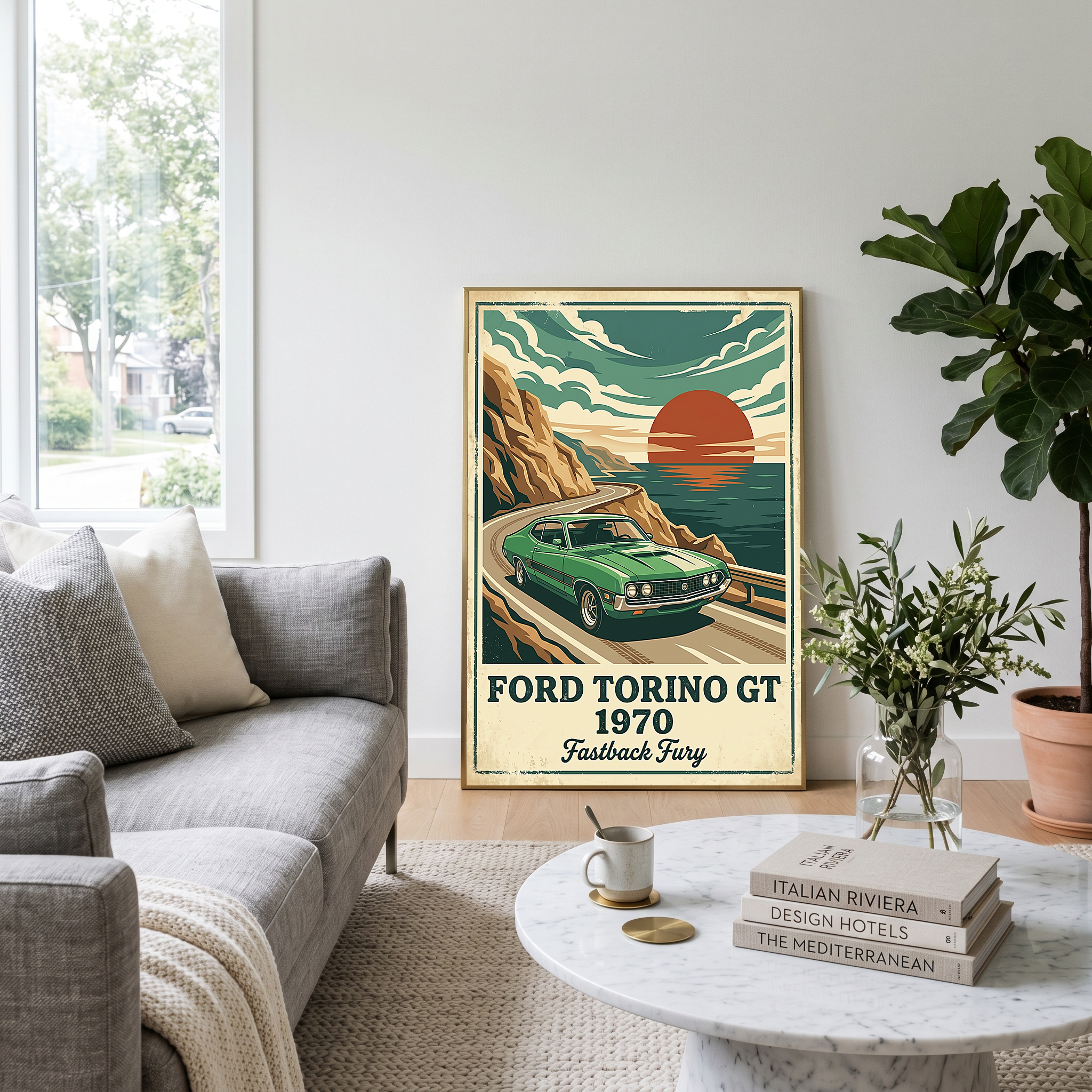 Ford Torino GT 1970 Poster — Vintage Muscle Car Coastal Cliff Sunset Print