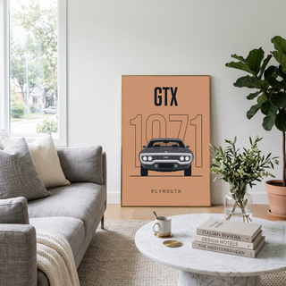 Plymouth GTX 1971 Minimalist Poster — Peach B-Body Muscle Line Art