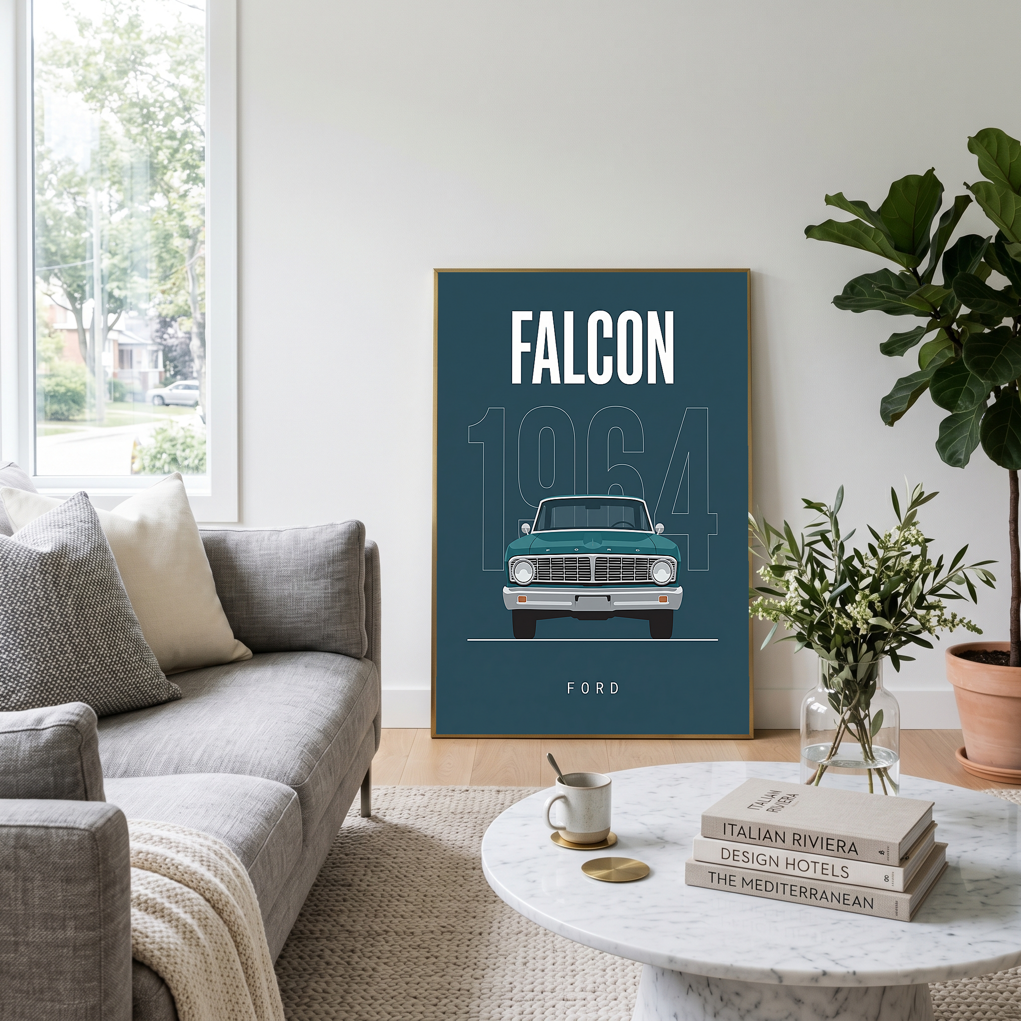 Ford Falcon 1964 Minimalist Poster — Teal Compact Muscle Line Art