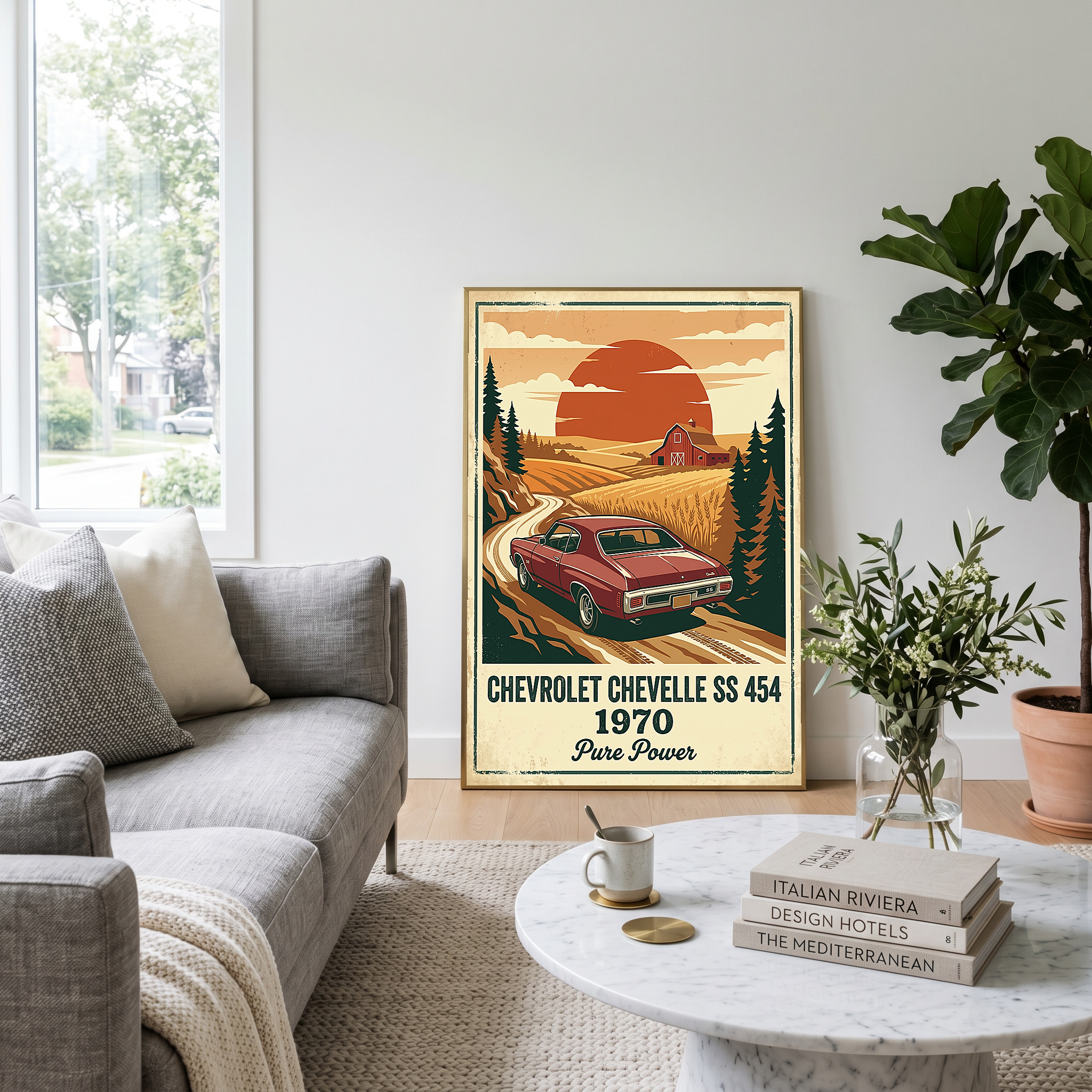 Chevrolet Chevelle SS 454 1970 V2 Poster — Vintage Muscle Car Wheat Field Sunset Print