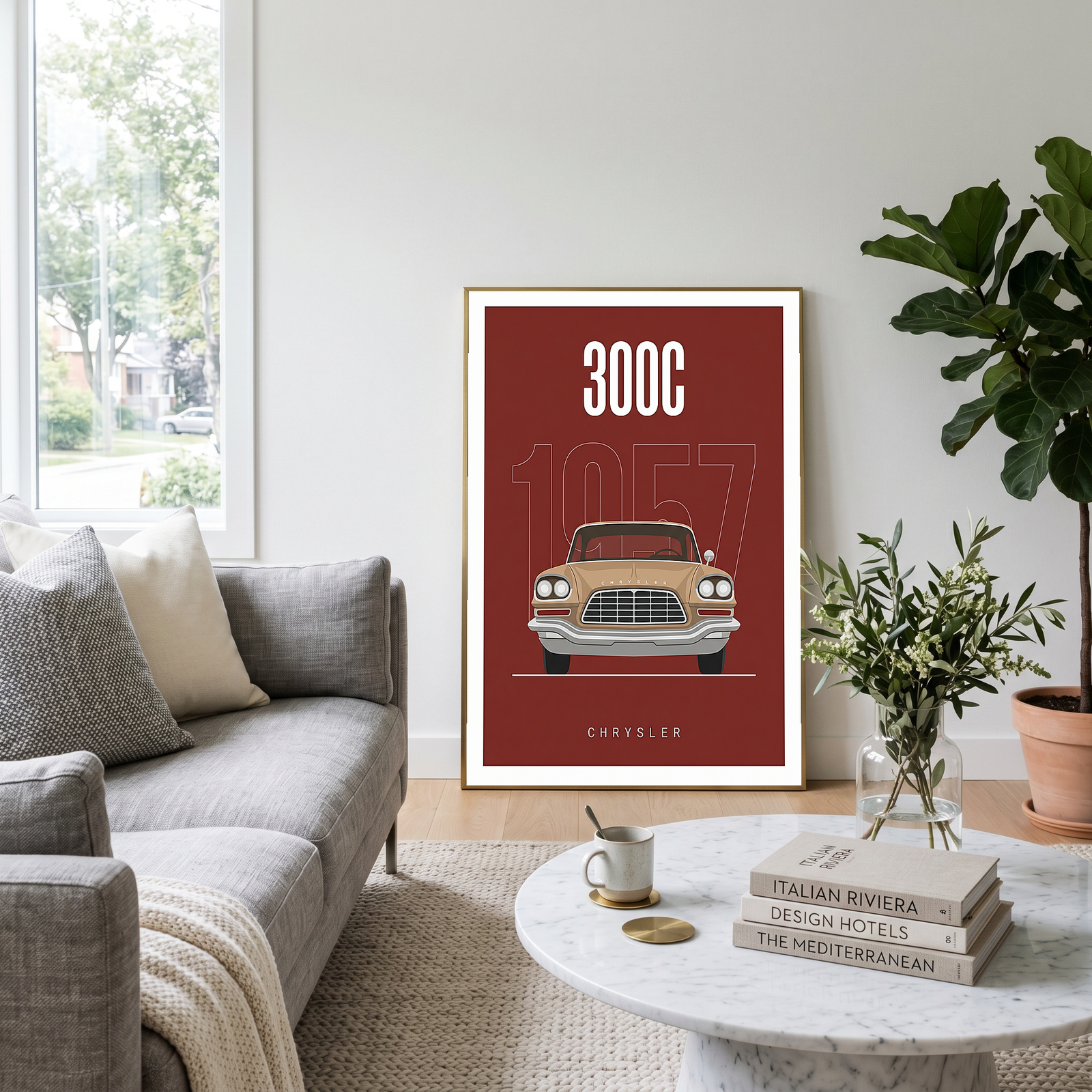 Chrysler 300C 1957 Minimalist Poster — Crimson Letter Series Line Art