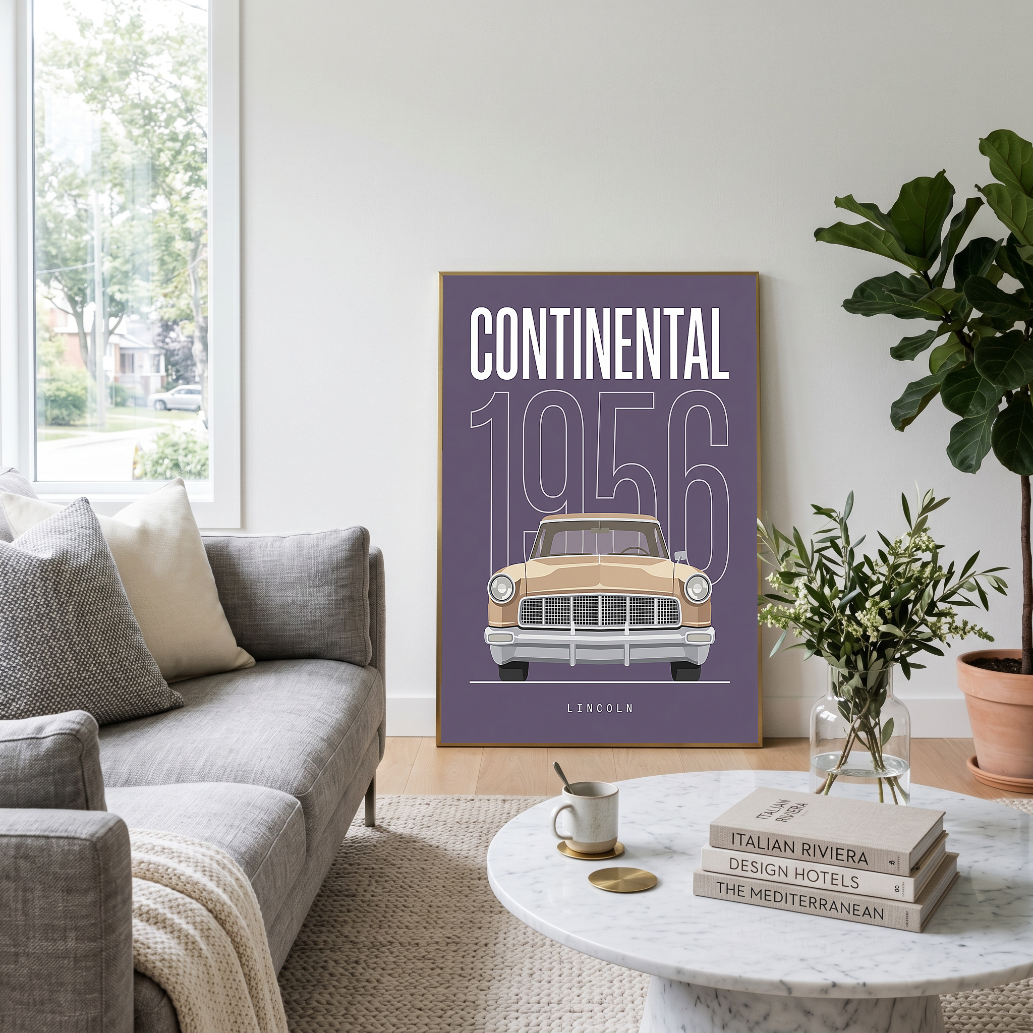 Lincoln Continental 1956 Minimalist Poster — Purple Classic Car Line Art