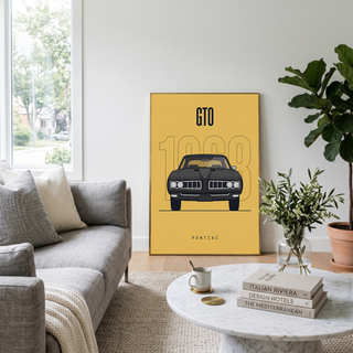 Pontiac GTO 1968 Minimalist Poster — Golden Yellow Muscle Car Line Art