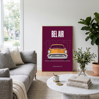 Chevrolet Bel Air 1957 Minimalist Poster — Burgundy Classic Car Line Art