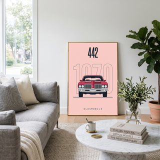Oldsmobile 442 1970 Minimalist Poster — Blush Pink Muscle Car Line Art