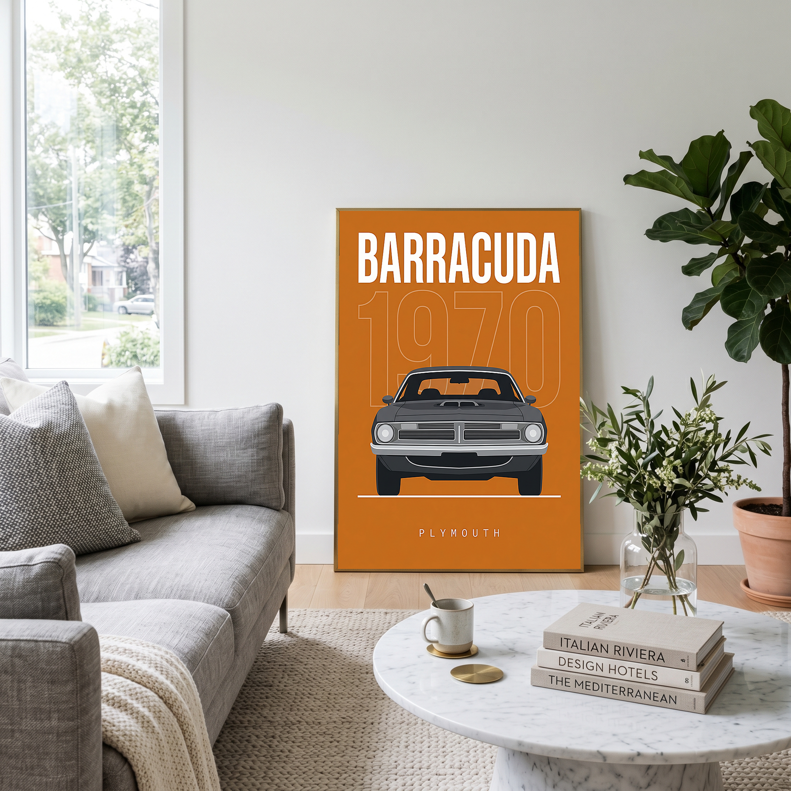 Plymouth Barracuda 1970 Minimalist Poster — Orange Muscle Car Line Art