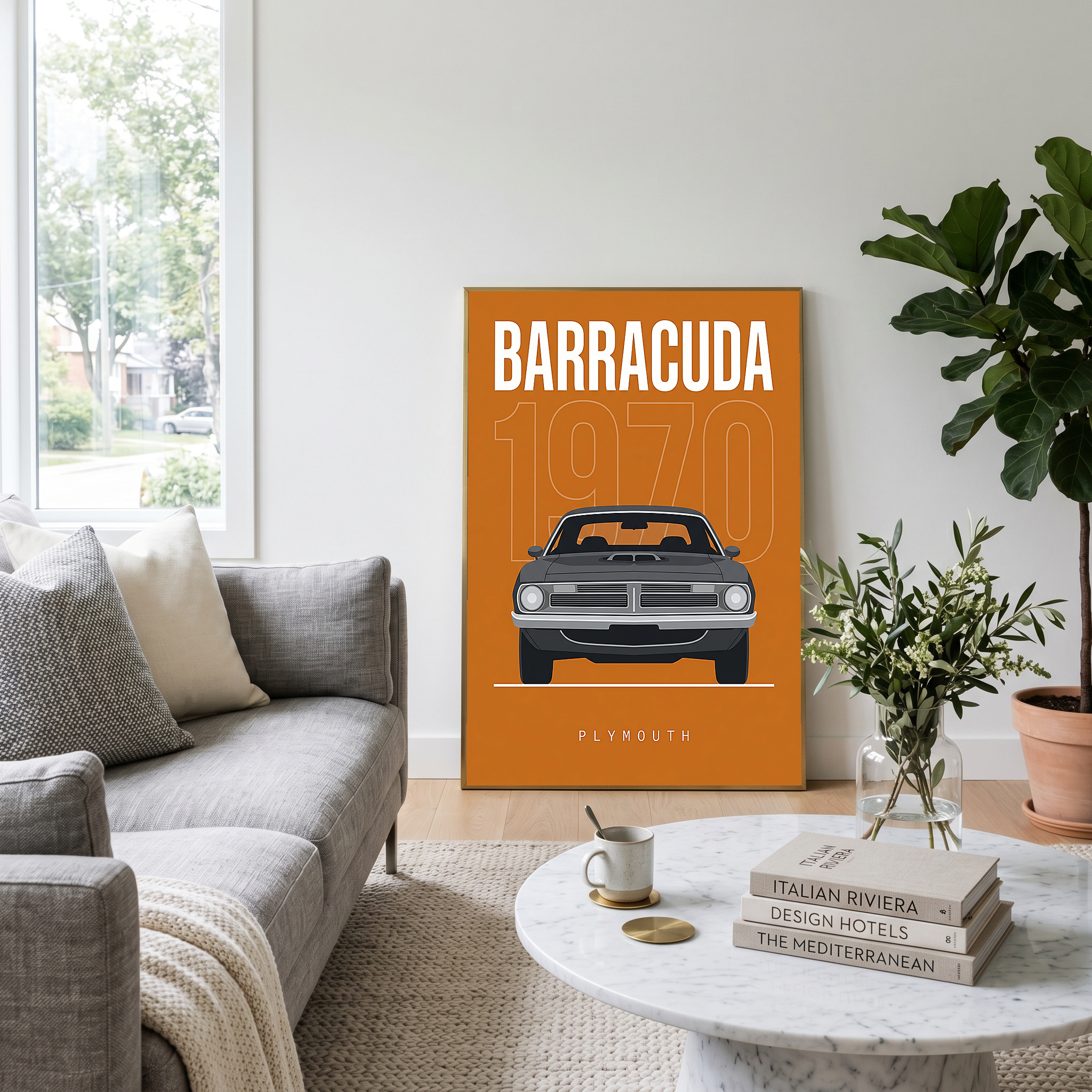 Plymouth Barracuda 1970 Minimalist Poster — Orange Muscle Car Line Art