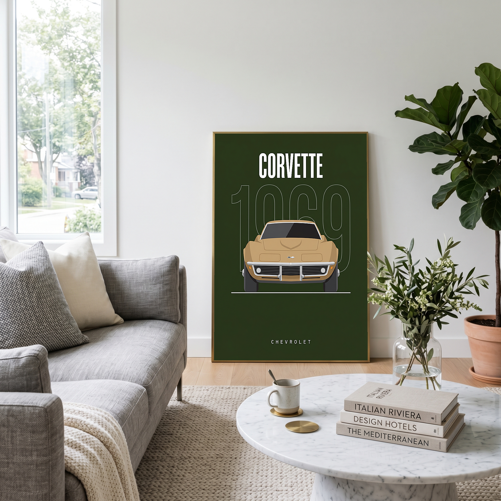 Chevrolet Corvette 1969 Minimalist Poster — Forest Green Muscle Car Line Art