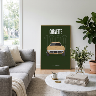 Chevrolet Corvette 1969 Minimalist Poster — Forest Green Muscle Car Line Art