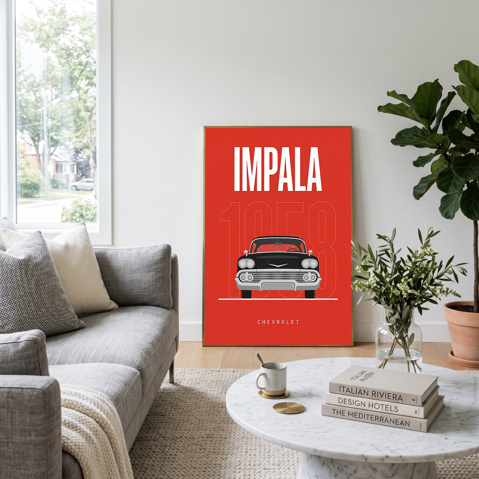 Chevrolet Impala 1958 Minimalist Poster — Red Classic Muscle Line Art