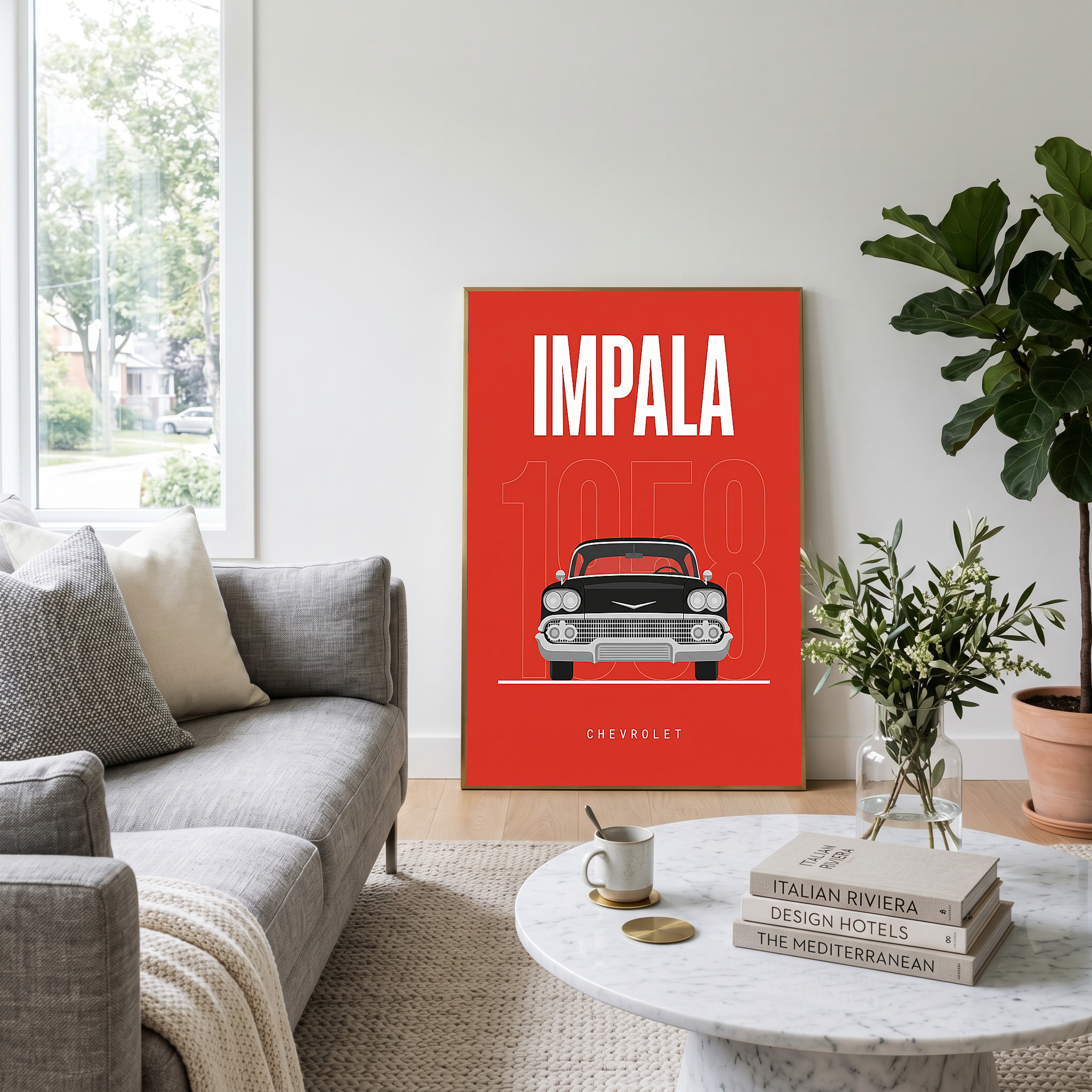 Chevrolet Impala 1958 Minimalist Poster — Red Classic Muscle Line Art