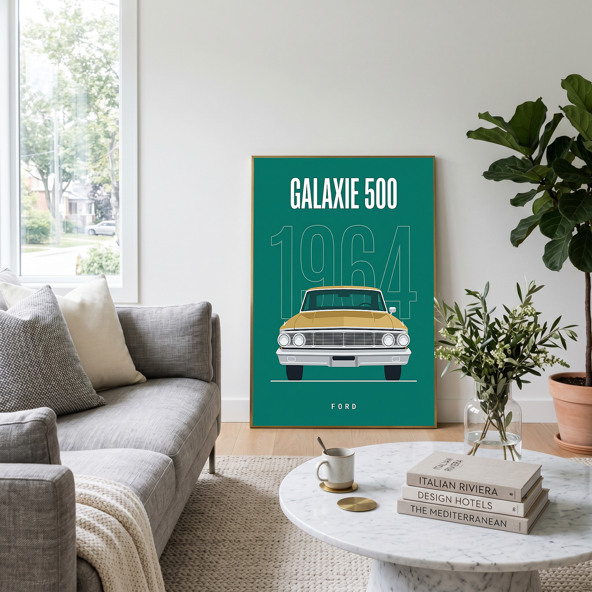 Ford Galaxie 500 1964 Minimalist Poster — Teal Full-Size Classic Line Art