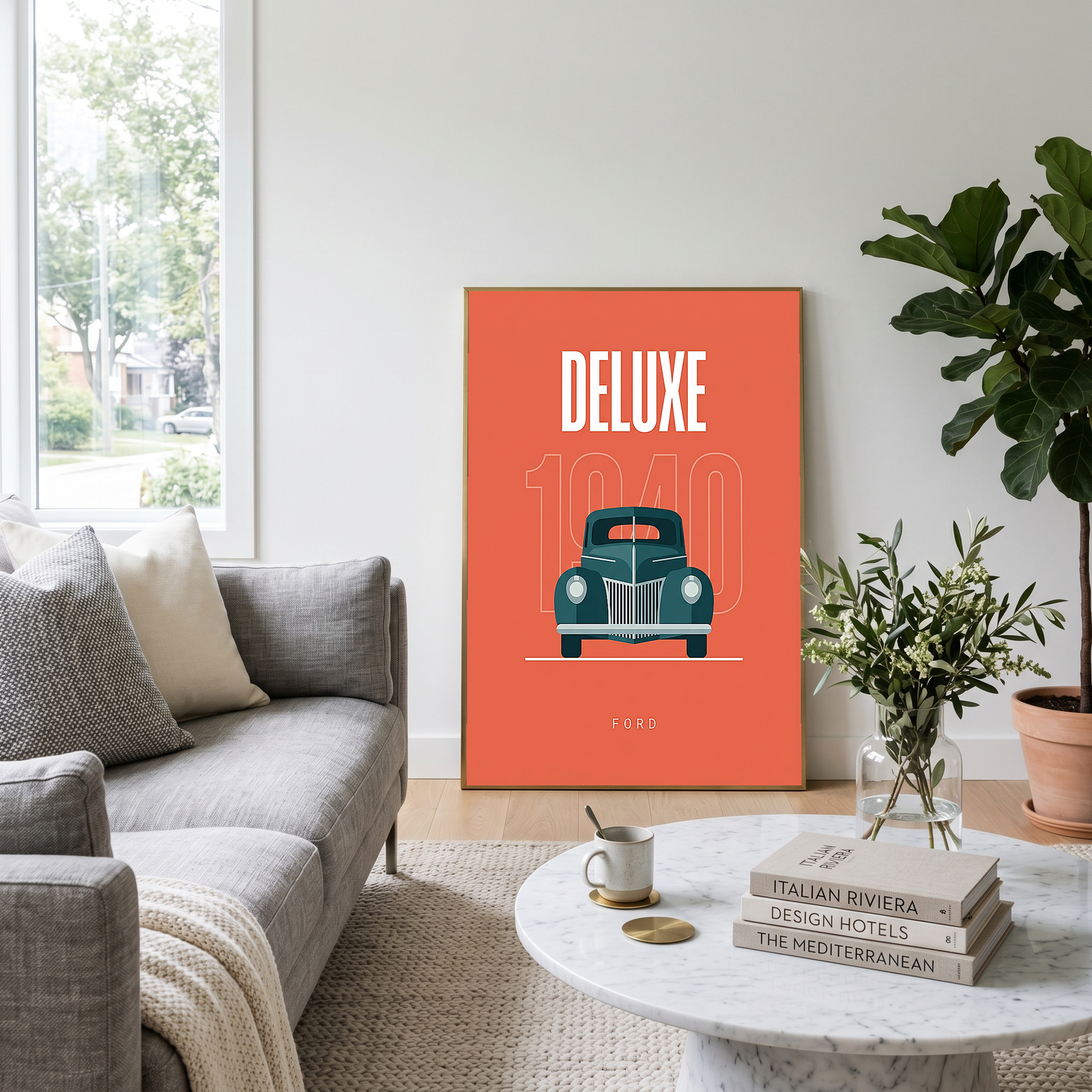 Ford Deluxe 1940 Minimalist Poster — Coral Pre-War Classic Line Art
