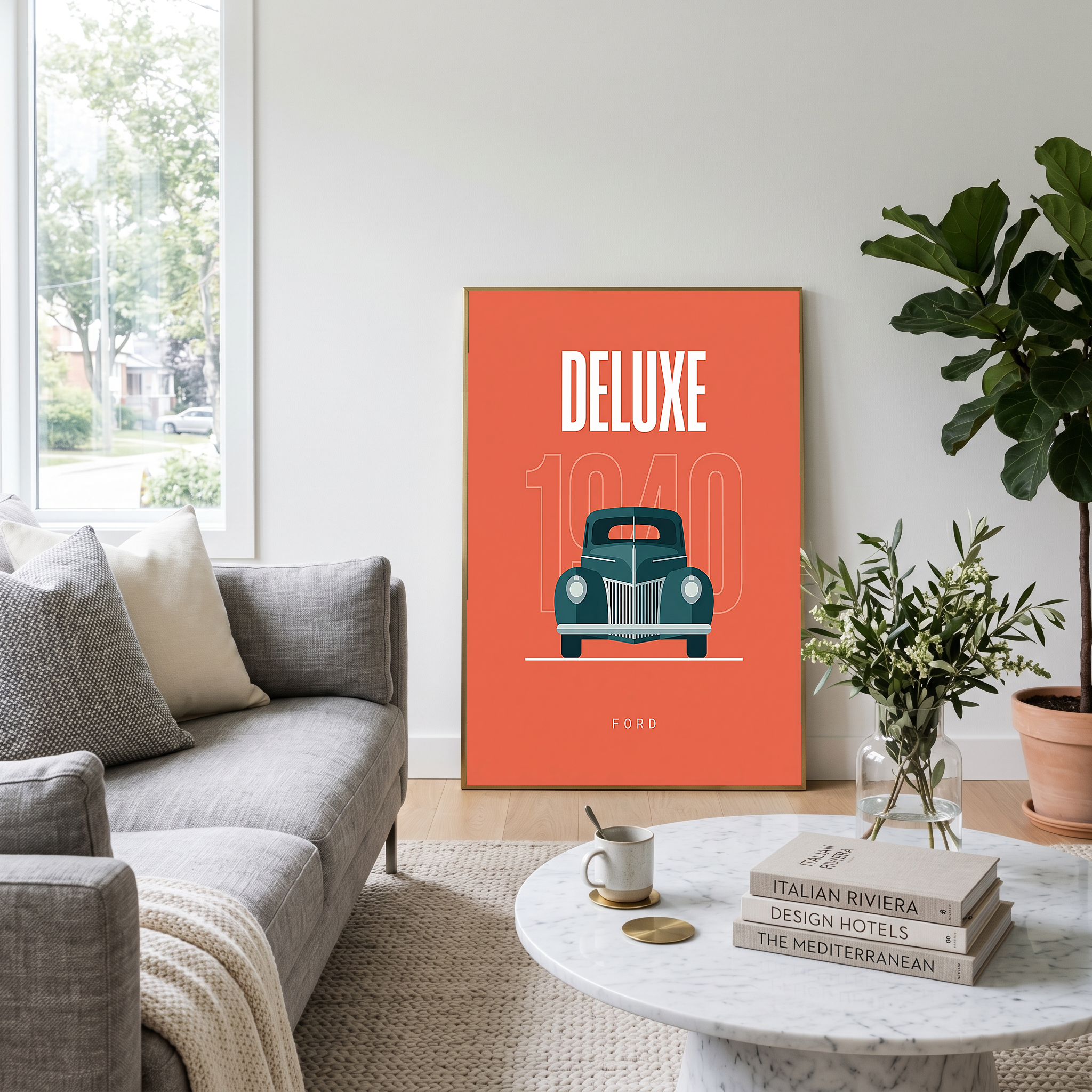 Ford Deluxe 1940 Minimalist Poster — Coral Pre-War Classic Line Art
