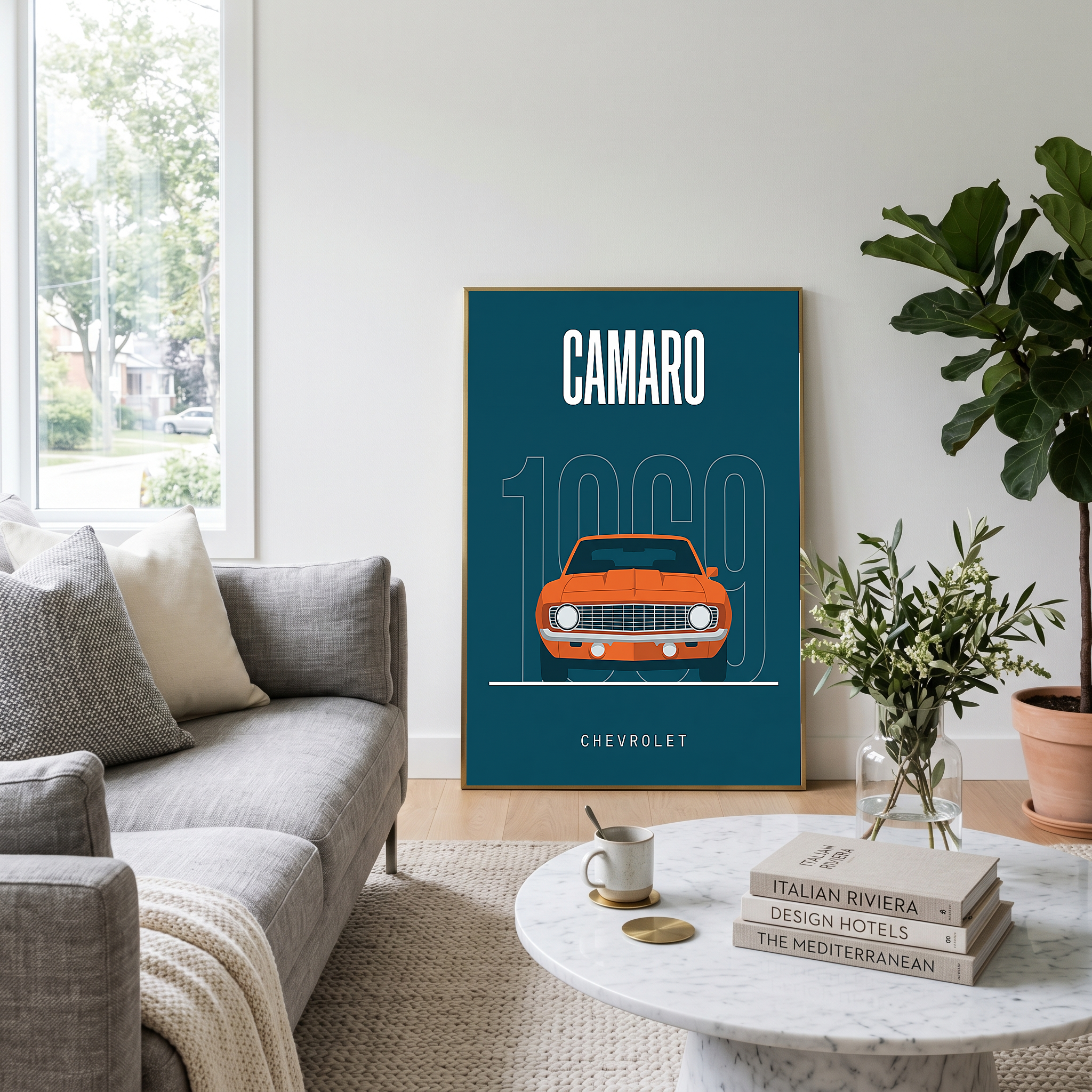 Chevrolet Camaro 1969 Minimalist Poster — Teal Muscle Car Line Art